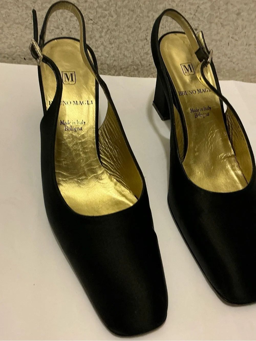 Bruno Magli Black Satin Slingback Block Heel Pumps rhinestone buckle 7AA